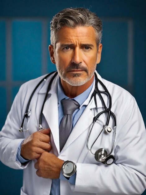 Een mannelijke arts met een stethoscoop om zijn nek staat voor een blauwe achtergrond