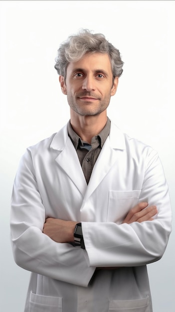 Foto een mannelijke arts met kort haar, gekleed in een laboratoriumjas en met een slimme uitstraling