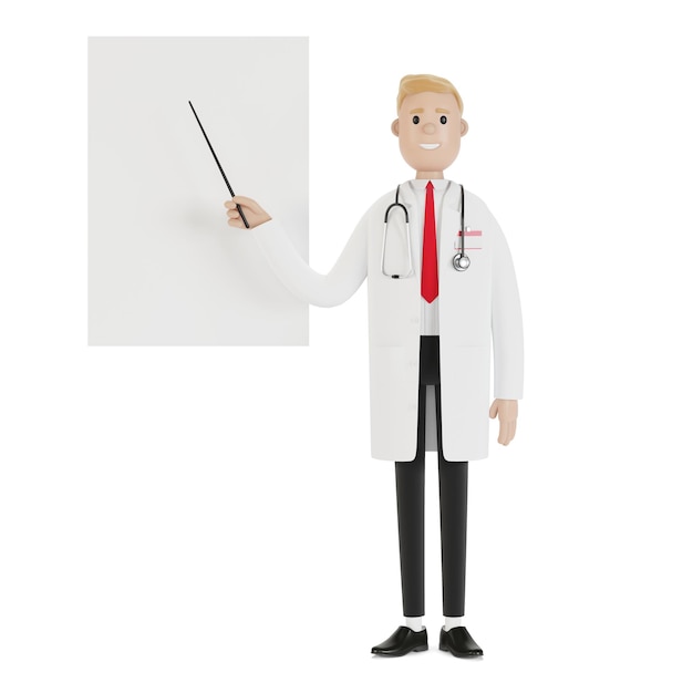 Een mannelijke arts staat op en wijst naar een presentatiebord. Oog test. 3D illustratie in cartoon-stijl.