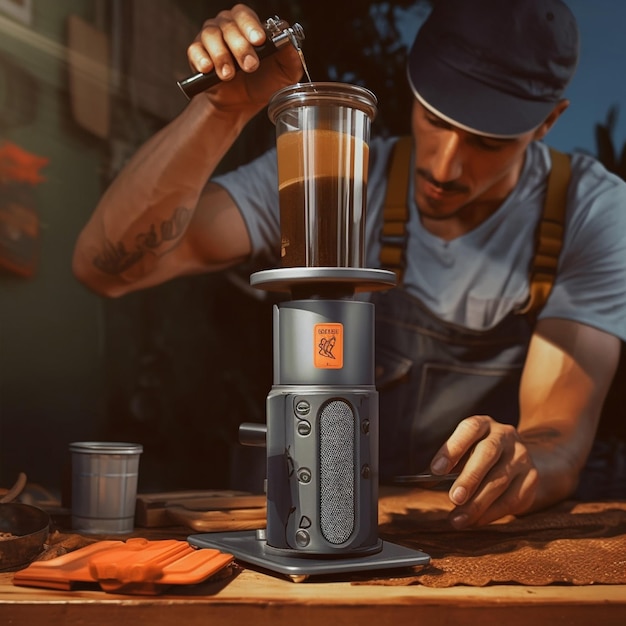 een mannelijke barista die koffie brouwt in een aeropress koffiemaker