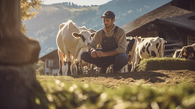 Een mannelijke boer zorgt voor zijn koeien op een kleine familieboerderij in de bergen Veeteelt als levenswijze Biologische producten