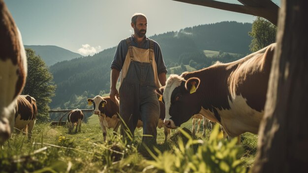 Een mannelijke boer zorgt voor zijn koeien op een kleine familieboerderij in de bergen Veeteelt als levenswijze Biologische producten
