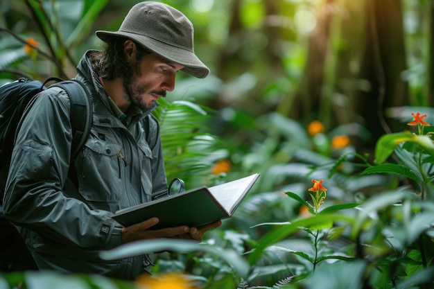 Een mannelijke botanicus met een hoed en rugzak bekijkt een notitieboekje omringd door de weelderige flora van een tropisch bos met zonlicht dat door het bladerdak filtert