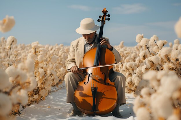 Een mannelijke cellist die in een katoenveld speelt, genereerde een AI.