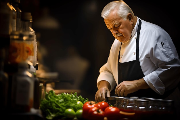Foto een mannelijke chef-kok die in de keuken kookt