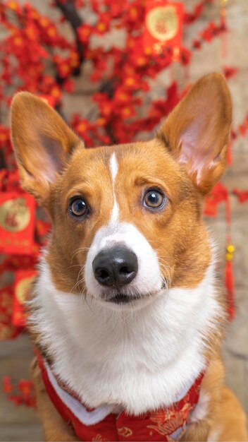 Een mannelijke corgi pembroke welsh fotoshoot huisdier fotografie studio geïsoleerd met blauwe achtergrond kerst thema jurk en decoratie