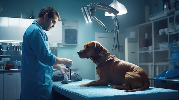 Foto een mannelijke dierenarts onderzoekt een hond in het kantoor van een dierenarts gemaakt met generatieve ai-technologie