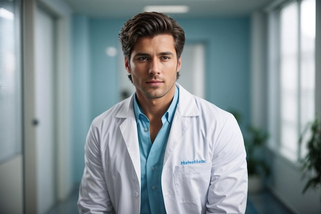 Een mannelijke dokter in een witte labjas die in een kliniek zit.