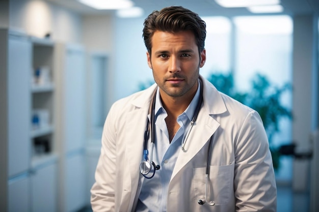 Een mannelijke dokter in een witte labjas die in een kliniek zit.