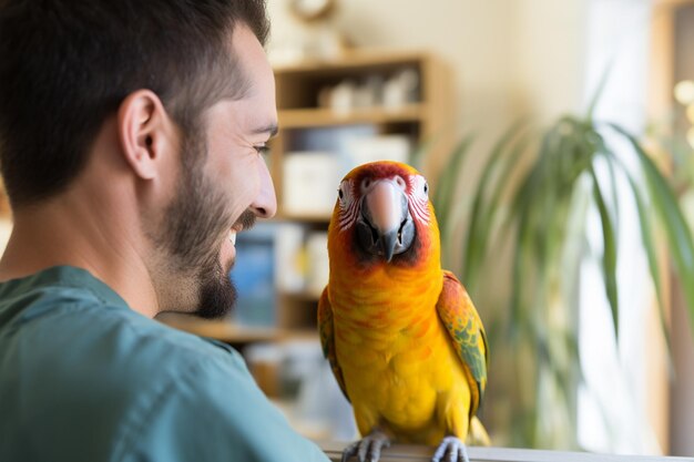 Foto een mannelijke exotische huisdier dierenarts glimlachend naar een papegaai bokeh stijl achtergrond