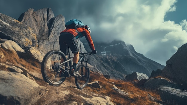 Een mannelijke fietser rijdt in bergachtig terrein Extreme fietsen Wielersport