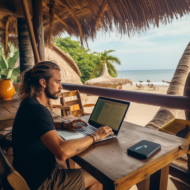 een mannelijke freelancer zit met een laptop op een terras aan de zeekust