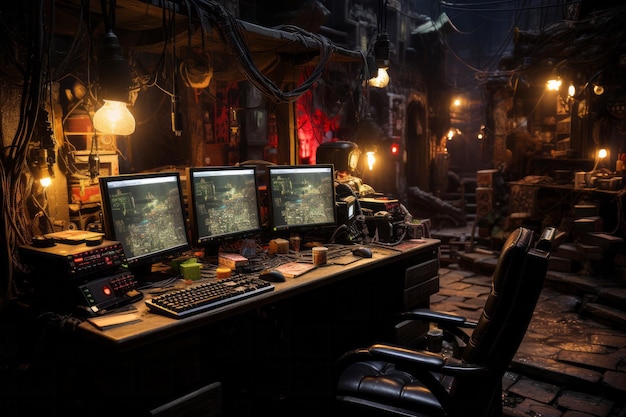 Een mannelijke hacker, omringd door gloeiende monitoren, hackt in het donker het computernetwerk van iemand anders