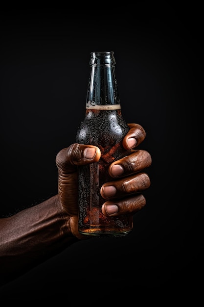 een mannelijke hand die een flesje bier omhoog houdt geïsoleerd op een zwarte achtergrond met kopieerruimte