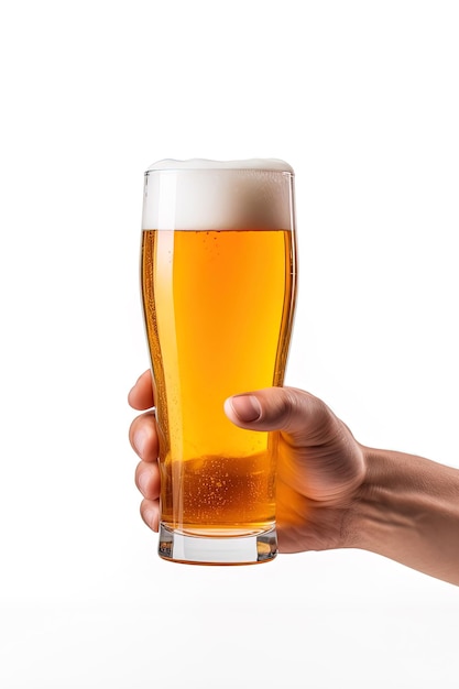 een mannelijke hand die een glas bier omhoog houdt dat op een witte achtergrond met exemplaarruimte wordt geïsoleerd