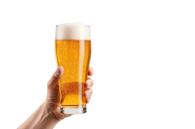 een mannelijke hand die een glas bier omhoog houdt dat op een witte achtergrond met exemplaarruimte wordt geïsoleerd