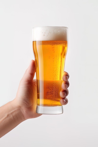 een mannelijke hand die een glas bier omhoog houdt dat op een witte achtergrond met exemplaarruimte wordt geïsoleerd