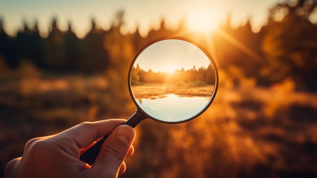 Foto een mannelijke hand houdt een vergrootglas tegen de set