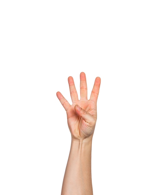Één mannelijke hand met vier open vingers, witte achtergrond, ruimte voor exemplaarruimte