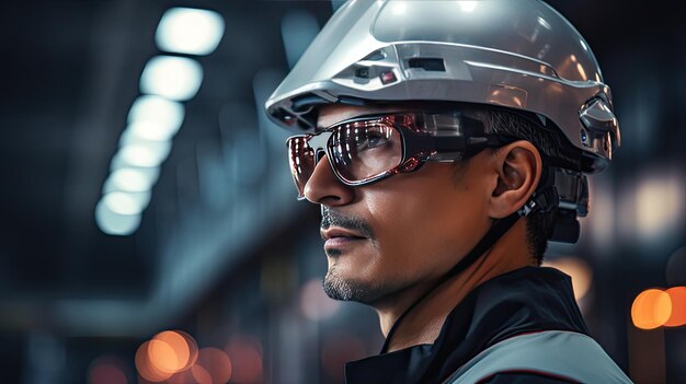 Een mannelijke ingenieur met een futuristische helm en augmented reality-bril in een fabriek Een werknemer gebruikt een AR-headset voor inspectie en productie