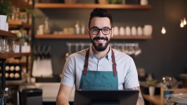 Een mannelijke kassier Portret van een glimlachende handelaar die een touchpad gebruikt om klantbetalingen te accepteren