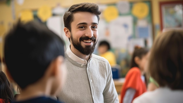 Een mannelijke leraar of opvoeder die zich bezighoudt met studenten in een klas Generatieve AI