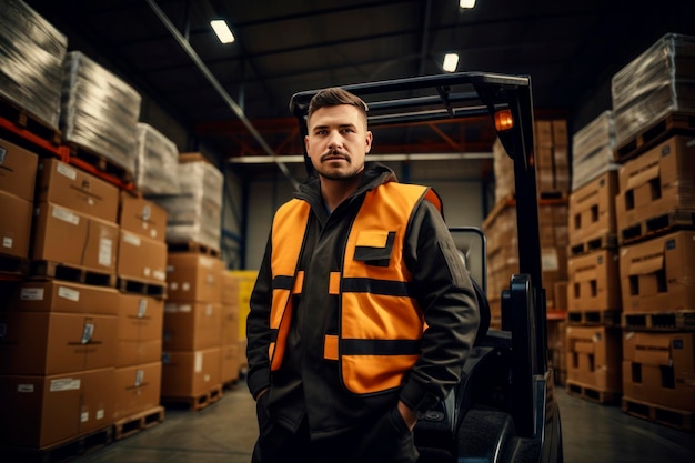 Een mannelijke magazijnwerker in een vest staat bij een heftruck tegen de achtergrond van een magazijn