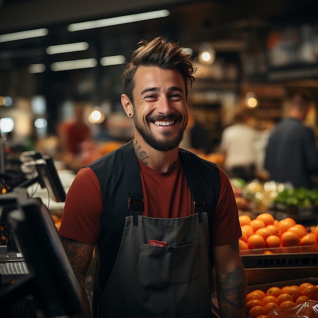 Een mannelijke medewerker in een supermarkt staat bij de kassa en zorgt voor zijn klanten