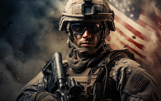 Een mannelijke militaire soldaat die salueert met de Amerikaanse vlag als achtergrond Generative Ai