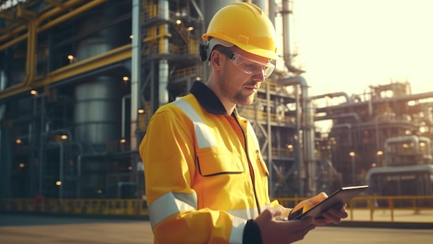 Een mannelijke oliearbeider in een geel beschermend uniform met een digitale tablet in zijn handen op een olieplatform Banner met plaats voor tekst Generatieve AI