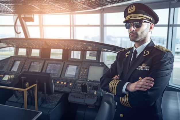Foto een mannelijke piloot in kapiteinsuniform in een overdekte luchthavenomgeving generatieve ai aig21