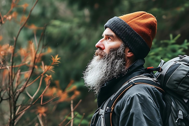 Een mannelijke reiziger in een oranje hoed en met een dikke baard