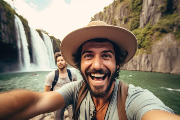 Een mannelijke reiziger met hoed maakt een selfie tegen de achtergrond van een waterval