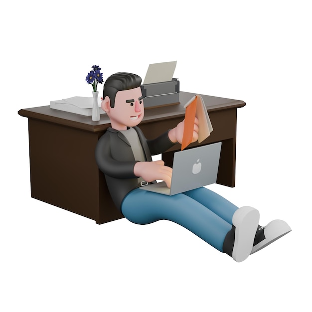 Een mannelijke scenarioschrijver leunt op een tafel met een laptop op zijn schoot en houdt een klembord vast