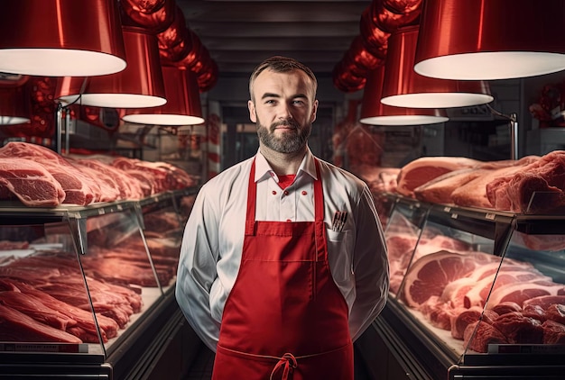 Foto een mannelijke slager die in een vleesvertoning staat