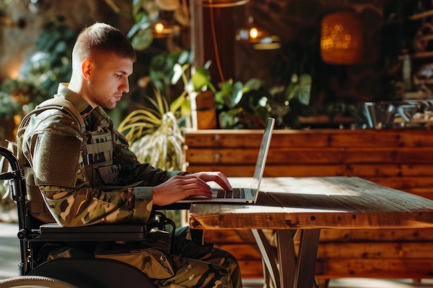 Een mannelijke soldaat in een rolstoel die een laptop gebruikt om te werken of te communiceren