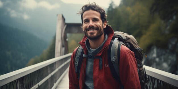 Een mannelijke toerist staat op een bergbrug in de Alpen Generatieve AI