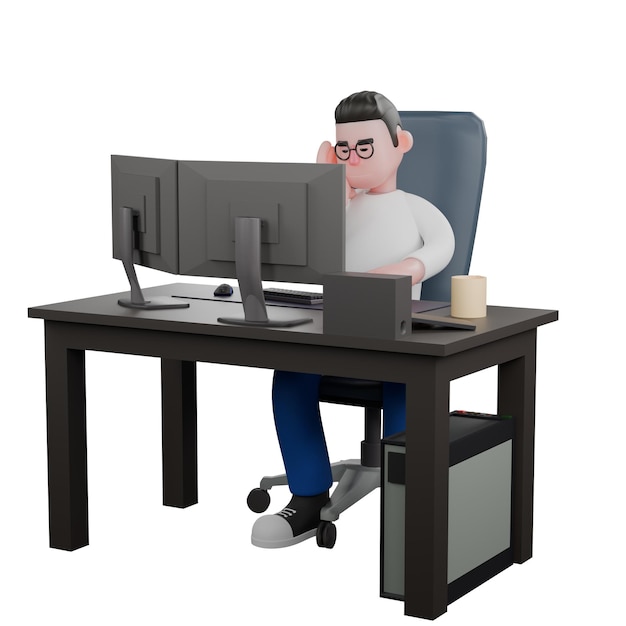 Een mannelijke video-editor zit op een stoel met twee computers voor hem met één hand op zijn wang