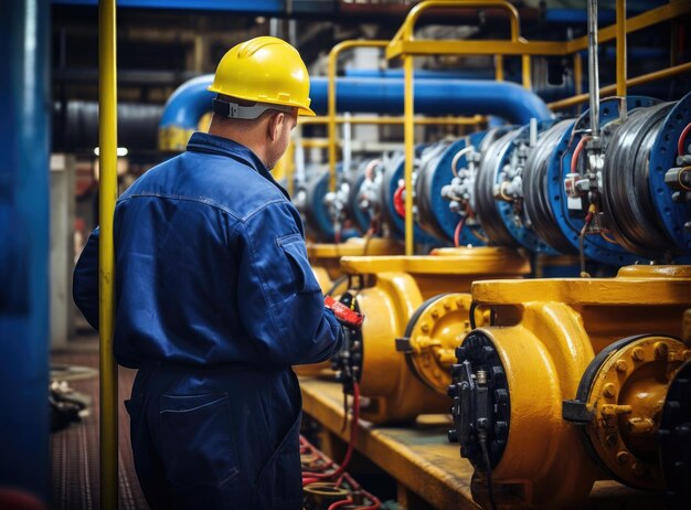 Een mannelijke werknemer bij een watervoorzieningsstation inspecteert de waterpompklepapparatuur op een groot industriegebied Waterleidingen Industriële loodgieterij