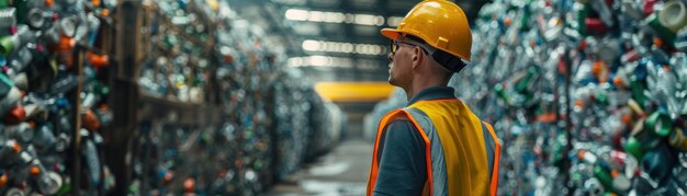 Een mannelijke werknemer met een helm en een veiligheidsvest kijkt naar een grote stapel plastic flessen die zijn verzameld voor recycling