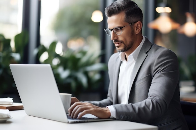 Een mannelijke zakenman die in de buurt van zijn laptop op kantoor werkt