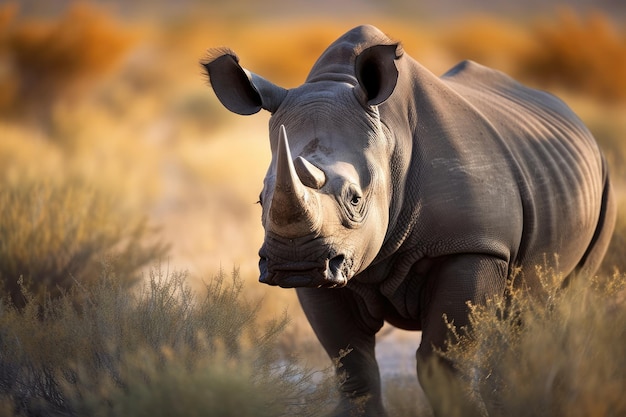 Een mannelijke zwarte neushoorn Diceros Bicornis loopt door de graslanden in het Etosha National Park in Namibië