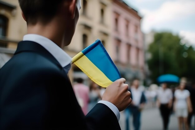 Foto een mannetje dat de oekraïense vlag vasthoudt
