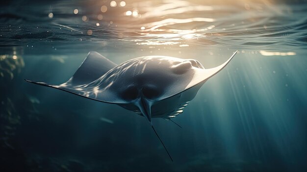 een manta ray glijdend door de watter in de zee