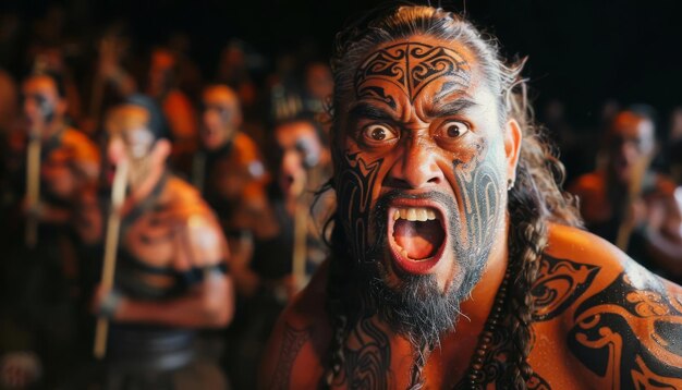 Een Maori haka-dansvoorstelling in Nieuw-Zeeland krachtige gezichtsuitdrukkingen en traditionele tatoeages brengen de scène tot leven