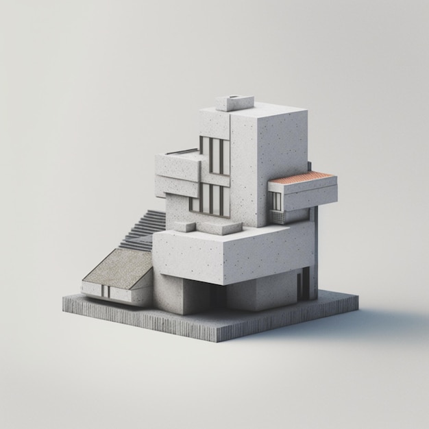 Een maquette van een gebouw met een grijs blok waarop "de naam" staat.