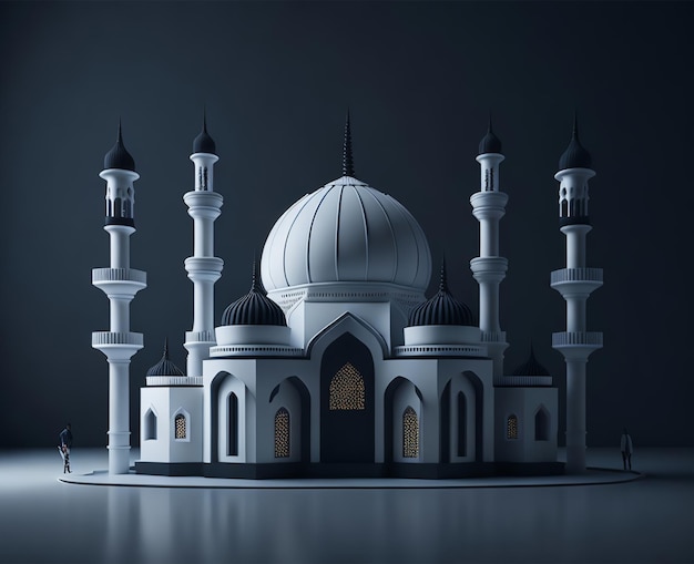 Een maquette van een moskee met een vrouw die voorbij loopt.