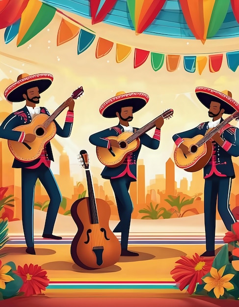 Foto een mariachi-band speelt op een helder versierd podium met sombreros en gitaren