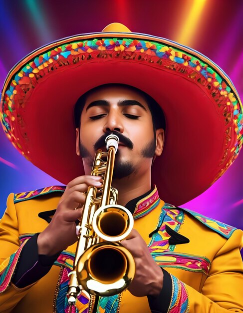 Foto een mariachi-trompetspeler op een kleurrijk podium