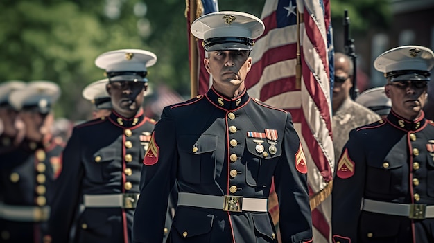 Foto een marinier in uniform staat voor een vlag